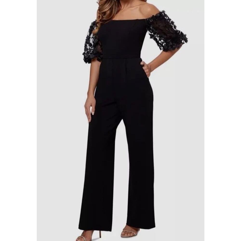 XSCAPE Off-The-Shoulder ‘Belle’ Black Scuba Crepe Jumpsuit Size 4 NWT